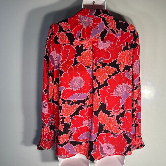 Who What Wear SZ XXL Silky Red Abstract Floral Button Front Shirt Modern Relaxed - Picture 4 of 7